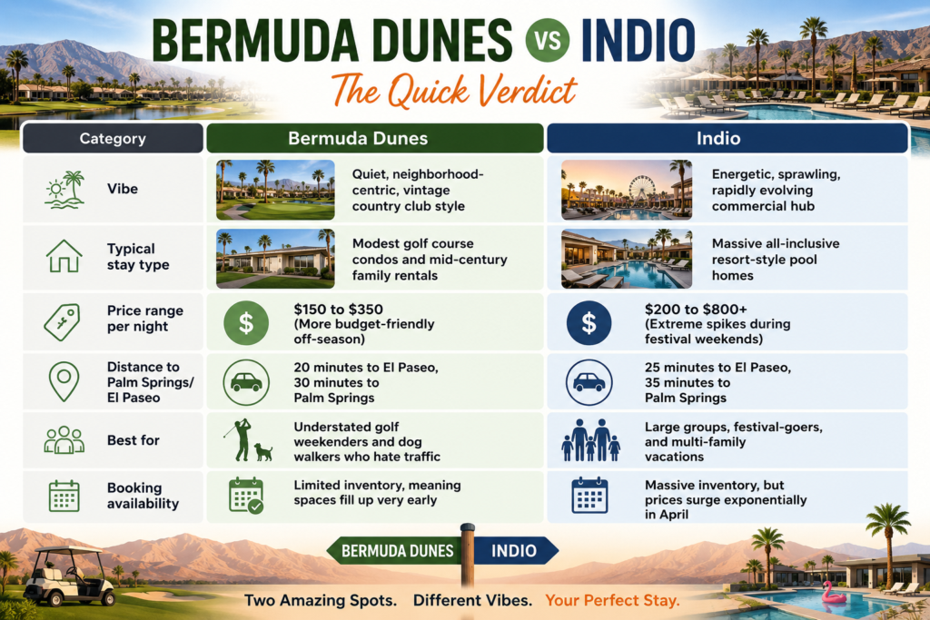 Bermuda Dunes vs Indio: Where to Stay (2026 Guide) 1 Bermuda Dunes Vs Indio: The Quick Verdict