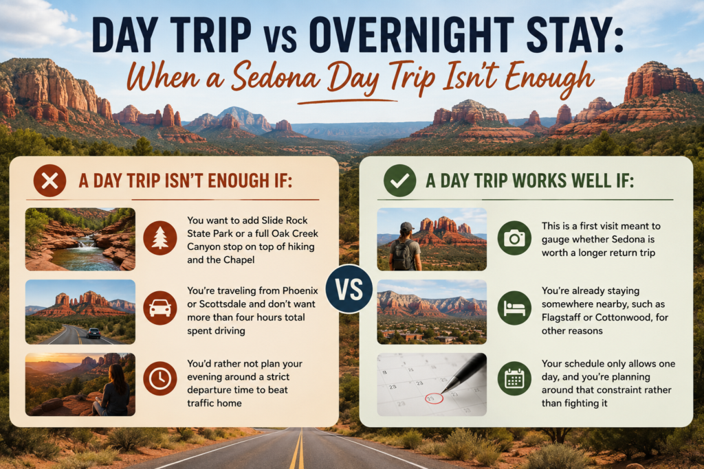 Sedona Day Trip Guide: 3 Best Routes + 4 Easy Hikes 12 Day Trip vs Overnight Stay: When a Sedona Day Trip Isn't Enough