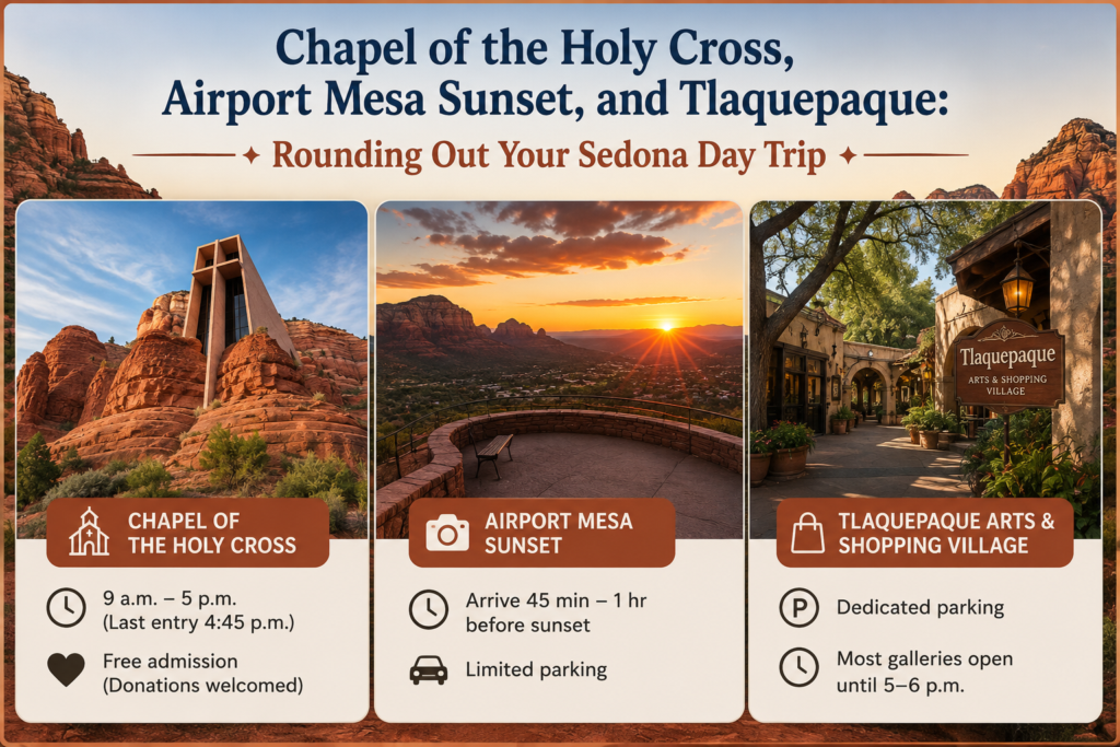Sedona Day Trip Guide: 3 Best Routes + 4 Easy Hikes 8 Chapel of the Holy Cross, Airport Mesa Sunset, and Tlaquepaque: Rounding Out Your Sedona Day Trip